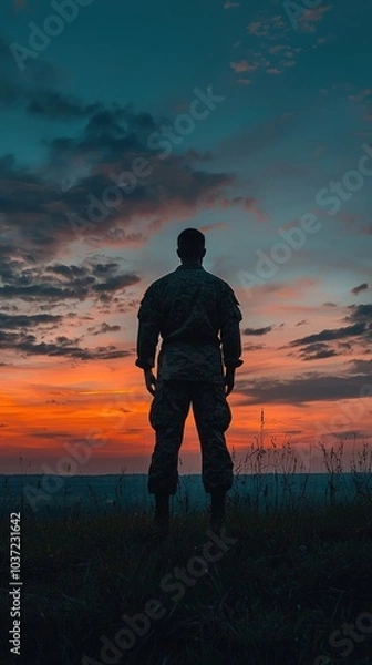 Fototapeta A soldier stands against a vibrant sunset, symbolizing strength and resilience in a serene landscape.