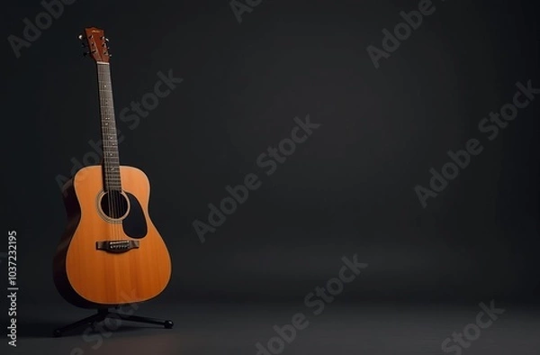 Obraz Acoustic guitar on a stand on black floor, black background, space for text