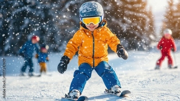 Fototapeta A joyful child skiing down a snowy slope wearing bright winter gear during a sunny day at a ski resort