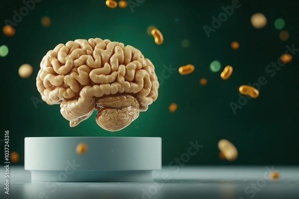 Fototapeta A human brain model levitating with floating particles, creating a surreal visual effect.