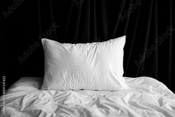 Fototapeta A black and white image of an unmade bed with only one pillow, a feeling of loneliness and loneliness.