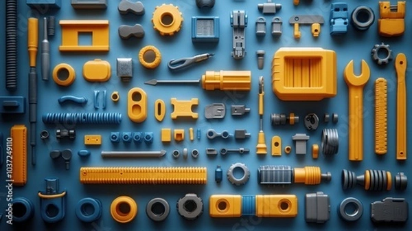 Obraz A vibrant arrangement of various tools and mechanical parts on a blue background.