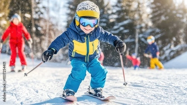 Fototapeta A child happily skiing down a snowy slope during a sunny day in a winter wonderland with other kids nearby