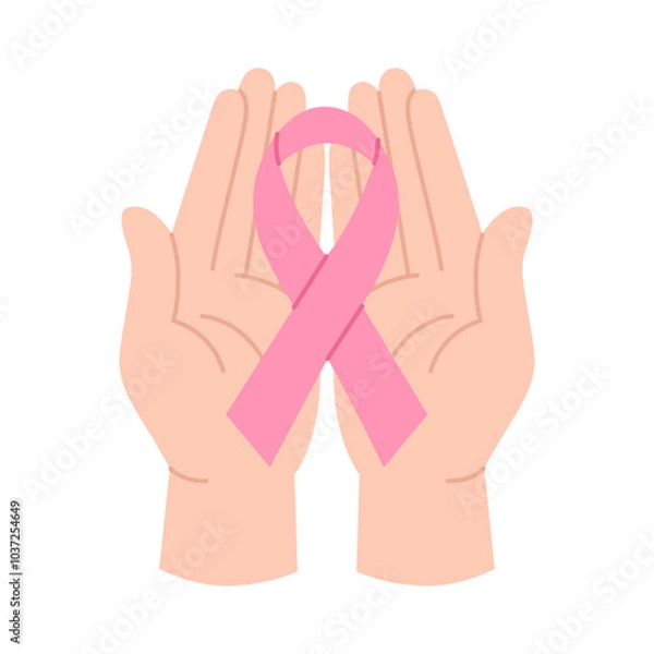 Obraz Breast Cancer Awareness Month concept. Two hands holding pink ribbon. Palms and support symbol. Pink October. Vector flat illustration isolated on white background