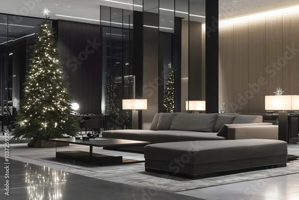 Fototapeta Elegant modern living area adorned with a beautifully lit Christmas tree in a luxurious hotel lounge at night