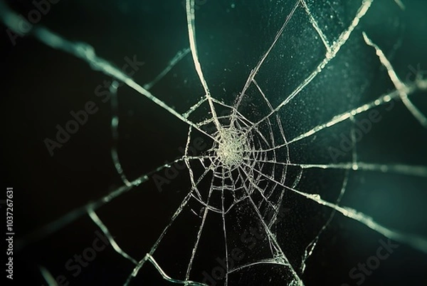 Fototapeta A close-up of the cracked screen, showing intricate patterns and textures that resemble spider webs against an ominous black background