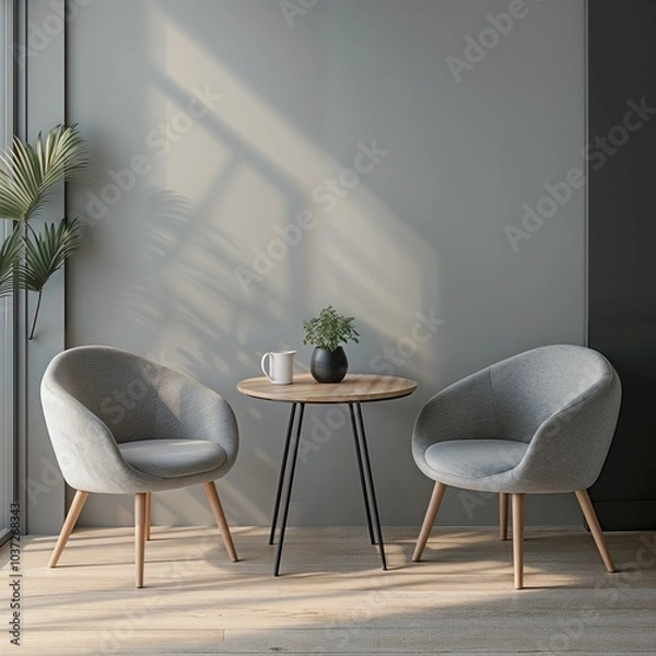 Fototapeta Table and two chairs in a counseling room with a gray background