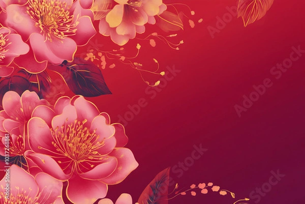 Obraz Colorful floral design featuring vibrant pink and yellow flowers against a rich red background, ideal for decoration or invitations