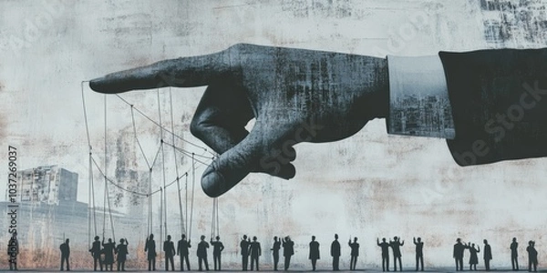 Obraz Giant hand of a man in business suit holding string connecting to people, showcasing manipulation, pressure and control of society. Contemporary art. Propaganda, information, social pressure. 