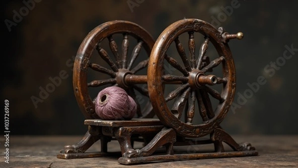 Fototapeta Vintage spinning wheel with intricate carvings and wool thread on spindle