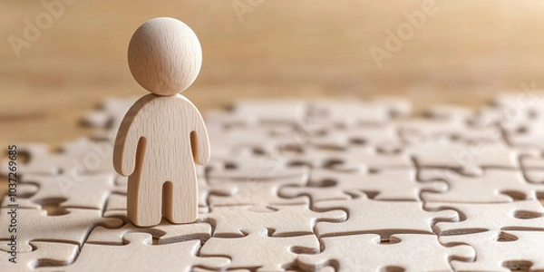 Fototapeta A wooden figure stands on unfinished puzzle pieces, symbolizing problem-solving, individuality, and finding one's place.