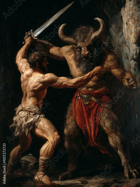 Fototapeta Theseus fighting the minotaur - mythology, battle, hero, creature, sword, strength, bull, fight, ancient, art, man, monster, legend, power, warrior, mythical, destiny