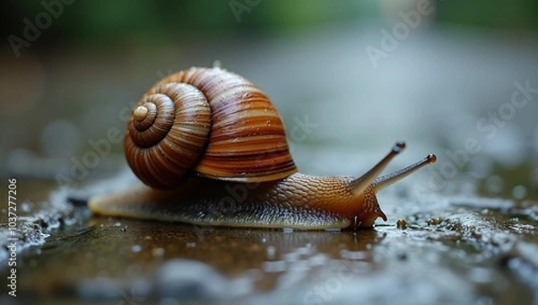 Fototapeta Macro shot of a snail on wet stone path with glistening shell and raindrops