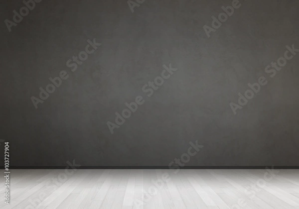 Fototapeta Empty interior for design, poster or text on free space. Black wall and white wooden floor.