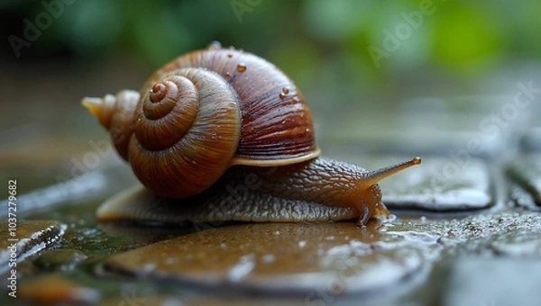 Fototapeta Macro shot of a snail on wet stone path with glistening shell and raindrops