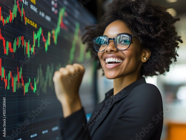Obraz Successful Black Woman Celebrating Stock Market Gains in Front of a Digital Board Displaying Stock Values. Trader and Business Concept. Image Generated by AI