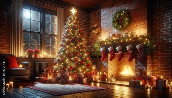 Obraz Cozy Christmas Living Room: Festive Tree with Red Ornaments, Glowing Fireplace with Stockings, Wrapped Gifts, and Warm Candlelight Creating a Magical Holiday Atmosphere Indoors