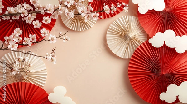 Obraz Decor with red and white paper fans alongside cherry blossom branches on a light background for a festive occasion