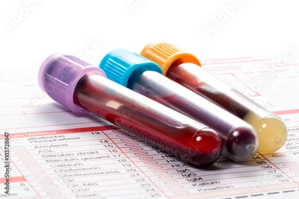 Obraz Blutuntersuchung, Blutprobe auf einem Laborformular, Blut