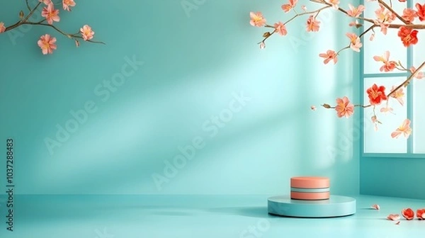 Obraz Visually striking 3D studio room scene with vibrant floral background empty floor and wall with product podium natural shadow overlay from window to countertop