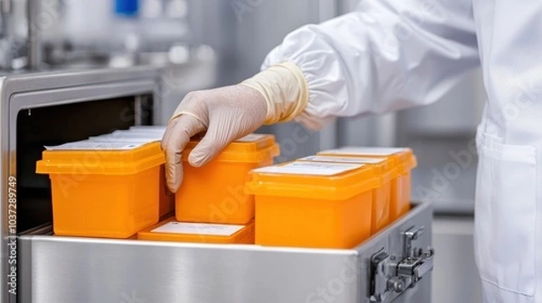 Fototapeta A person in protective gear handles orange containers in a laboratory setting, likely for medical or pharmaceutical purposes.