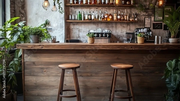 Fototapeta At home, three stools are positioned in front of a wooden bar counter
