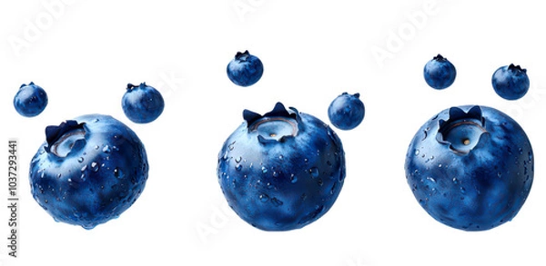 Fototapeta Three blueberries with small blueberries around them isolate on transparent background, cutout, png