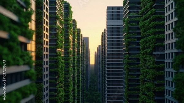 Fototapeta A vibrant urban landscape with high-rise buildings adorned with greenery, showcasing a harmonious blend of nature and modern architecture at sunset.