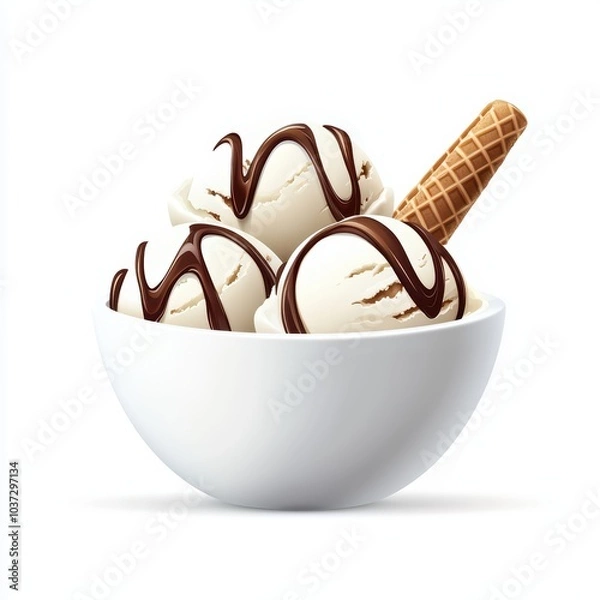 Fototapeta Delicious ice cream in a bowl topped with chocolate sauce and a waffle cone.
