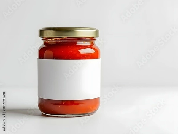 Obraz Tomato sauce jar mockup with blank label, customizable food container for branding, editable branding template, food product packaging