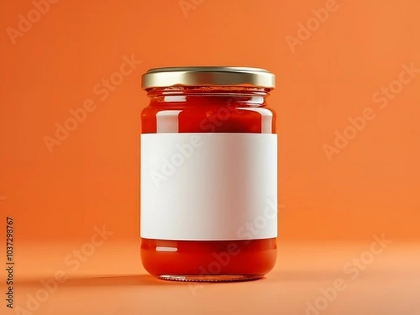 Obraz Tomato sauce jar mockup with blank label, customizable food container for branding, editable branding template, food product packaging