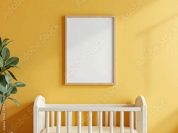 Obraz Minimalist baby nursery and white crib with blank poster frame mockup, yellow wall background, wall art poster mock up