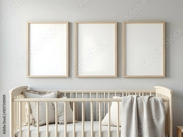 Obraz Minimalist baby nursery and white crib with three blank poster frames mockup and white interior design. Mock up 3 blank poster frame in baby room