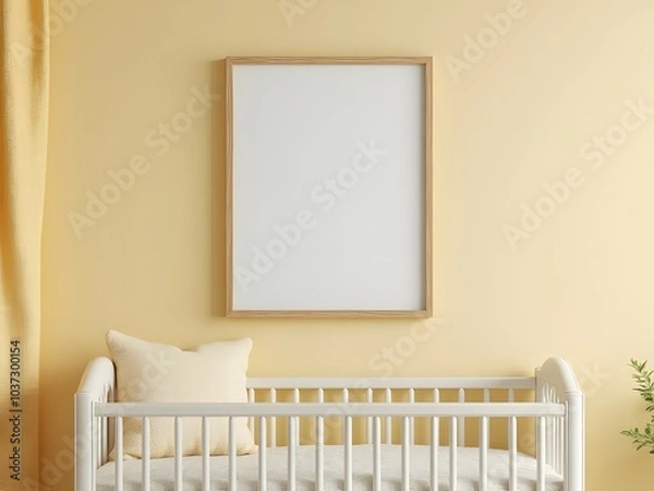 Obraz Minimalist baby nursery and white crib with blank poster frame mockup, yellow wall background, wall art poster mock up