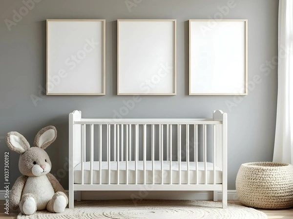 Obraz Minimalist baby nursery and white crib with three blank poster frames mockup and gray interior design. Mock up 3 blank poster frame in baby room