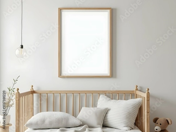 Obraz Minimalist baby nursery and white crib with blank poster frame mockup, white wall background, wall art poster mock up