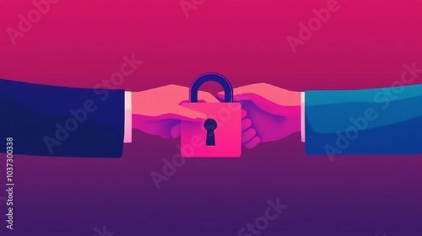 Fototapeta Two hands exchanging data cards under a digital padlock, secure information sharing