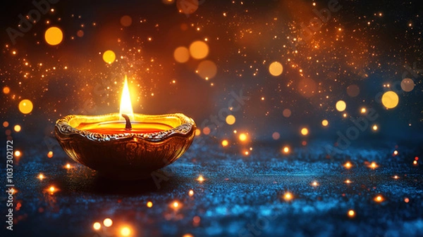 Obraz Burning oil lamp glowing softly against a blurred bokeh background capturing the essence of Diwali festival
