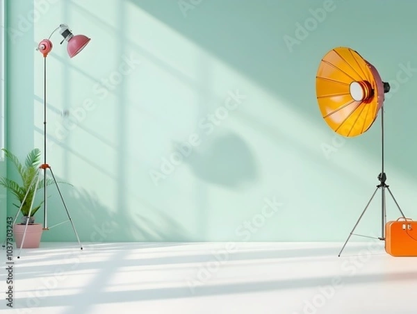 Fototapeta Sleek and Chic 80s Inspired Photography Studio With Retro Futuristic Chrome and Glass Fixtures Dramatic Lighting and Minimalist Product Display Mockup