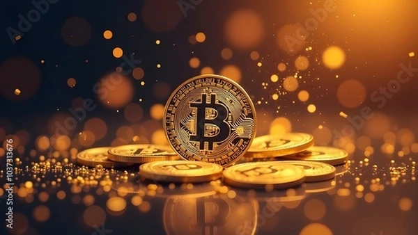 Fototapeta Golden bitcoin on table. Cryptocurrency concept. 3D Rendering