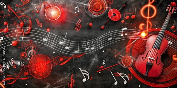 Fototapeta Vibrant red and black tones combine to create a dynamic composition with violin and musical notes. The dynamic flow of musical symbols and abstract elements conveys a sense of rhythm and energy. AI ge