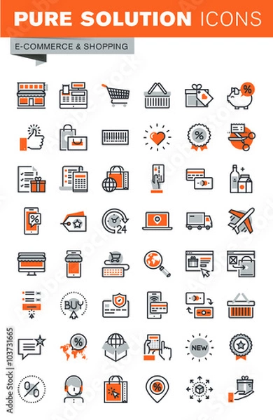 Fototapeta Set of thin line web icons for shopping, online shopping procedure, payment method, internet payment security, delivery, coupons, support.