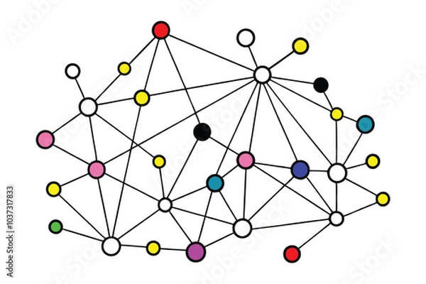 Fototapeta This abstract network design features colorful dots connected in a vibrant and geometric pattern, perfect for modern digital projects, tech designs, or creative backgrounds.