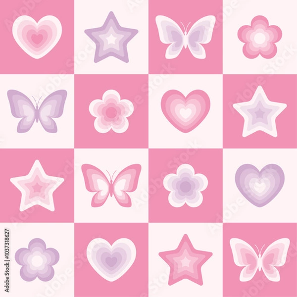 Fototapeta Y2k seamless pattern with butterflies, flowers, stars and hearts. Retro checkered pink background. Vector illustration. Abstract texture for fabric, textile, print.