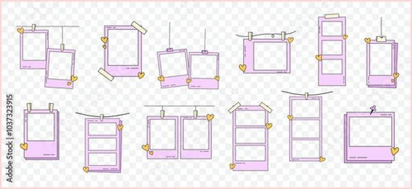 Fototapeta Retro cute pink polaroid photo frames background vector set collection. doodle frame polaroid border element vector illustration