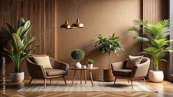 Fototapeta Modern Minimalistic Living Room Interior Mockup with Low Light and Brown Wall for Stylish Backgrounds