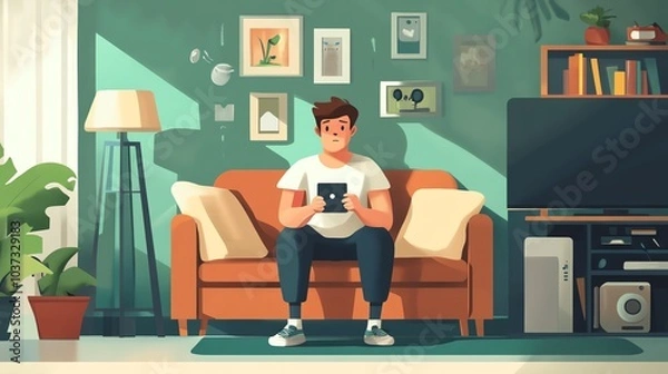 Fototapeta A young man enjoying leisure time on a couch while using a smartphone in a cozy room.
