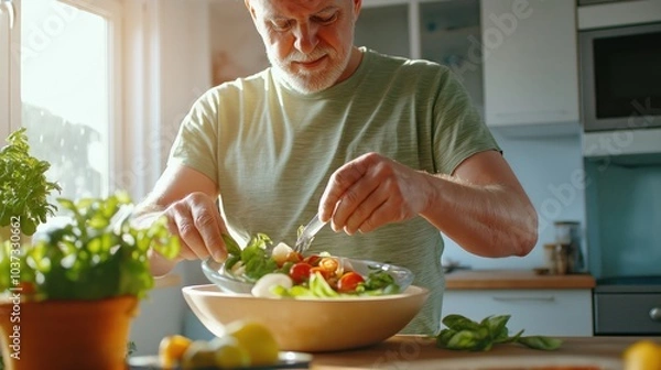 Fototapeta A senior man enjoys preparing a fresh salad in a bright kitchen.