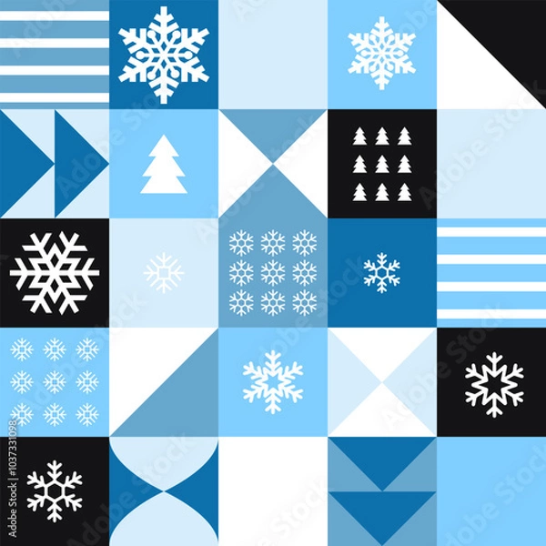 Obraz Modern stylized winter geometric vector pattern. Neo geo style design, abstract elements, winter and the cold season with motifs of snowflakes and Christmas trees. New Year and Christmas illustration