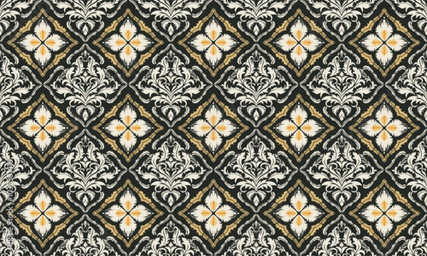 Fototapeta A intricate damask pattern with repeating geometric shapes and floral elements. A complex, intricate pattern in black, white, and gold. It resembles traditional damask fabric.